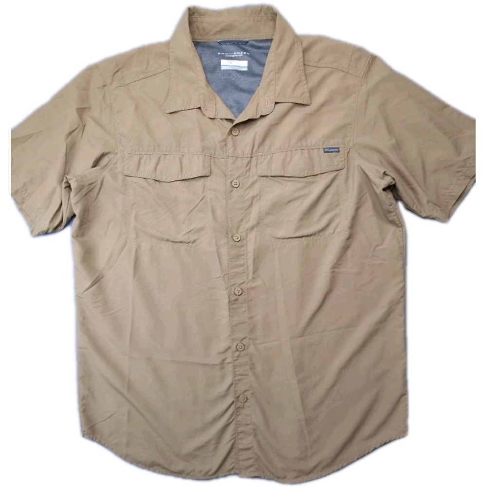 Columbia Omni-Shade Mens L Khaki Nylon Short Sleeve Hiking Shirt UPF Button Up